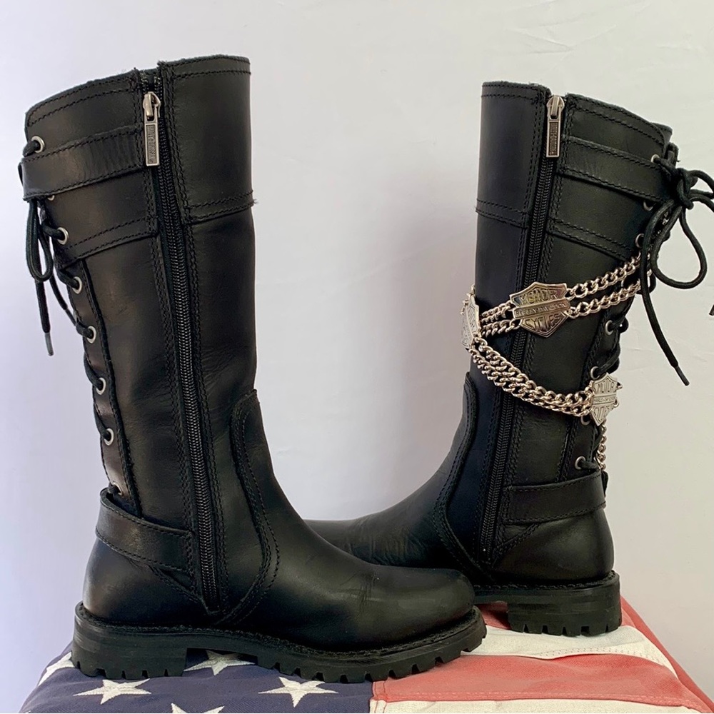 HARLEY-DAVIDSON Black Leather Lace Up Zip Tall Knee High Biker Moto Boots 6.5 - Picture 4 of 10
